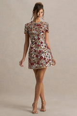 Eira | Red Floral Embellished Sequin Crew-Neck Mini Dress