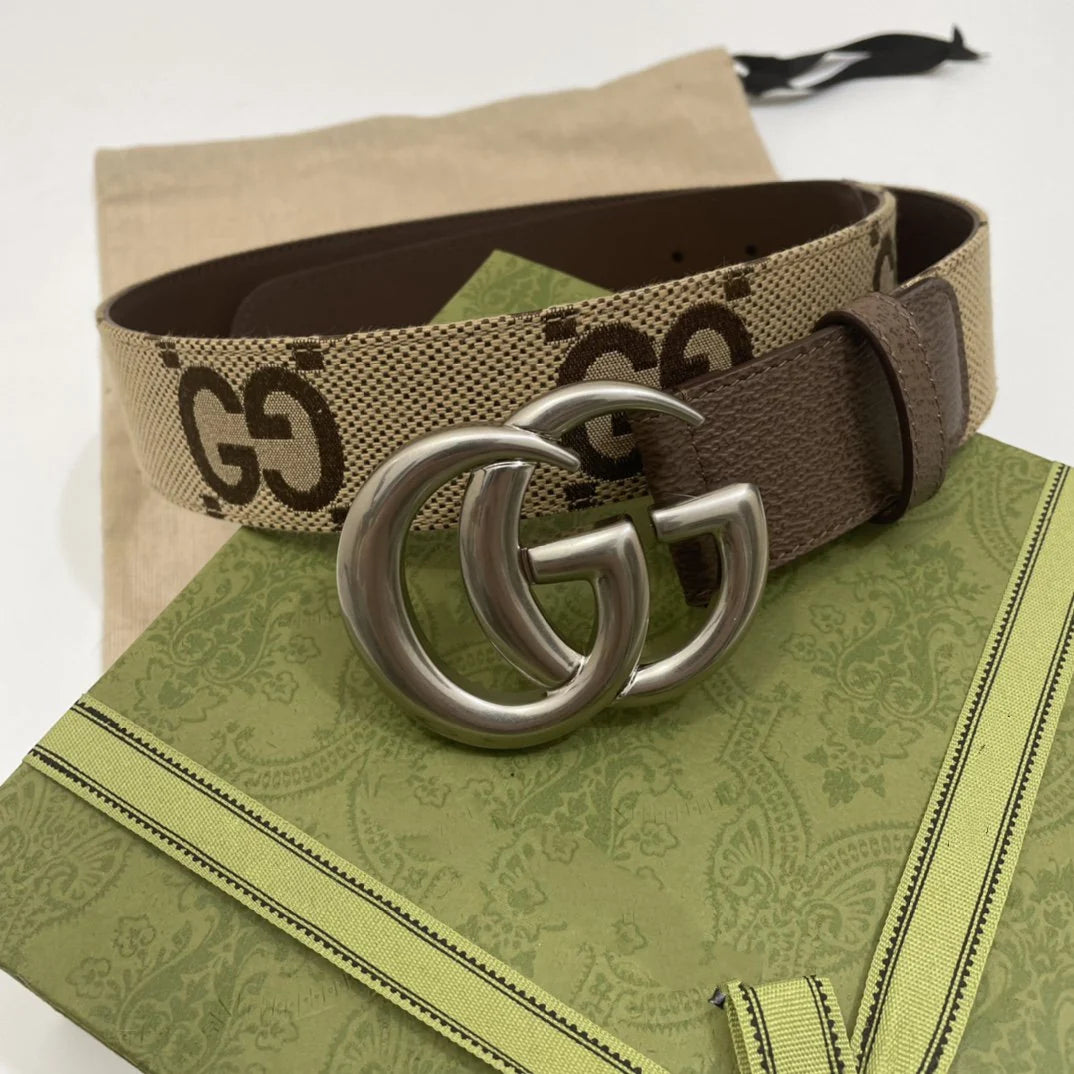 Gg Belt 40Mm Silver Buckle Beige Canvas