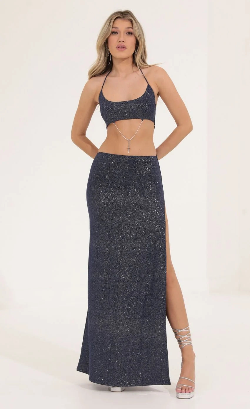 Glitter Tummy Cutout Maxi Dress In Navy