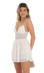 Dotted Chiffon Dress With Lace Inserts In White