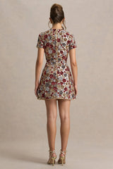 Eira | Red Floral Embellished Sequin Crew-Neck Mini Dress