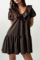 Tony Gingham Baby Doll Dress In Brown