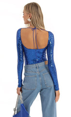 Sequin Long Sleeve Bodysuit In Blue